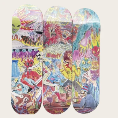 double rocker, 100% Canadian maple skateboard, available sizes (7.75, 8.0, 8.25, 8.375, 8.5 inches), 7-ply deck