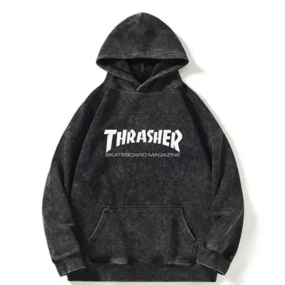 Thrasher Skate Brand Women's Washed Distressed Cotton Hoodie Long Sleeve Casual Pullover