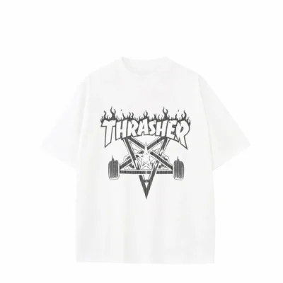 Thrasher Flame Short Sleeve Men's T-shirt Casual Loose Fit Summer Sportswear Half Sleeve Five-Pointed Star Print Cotton Tee