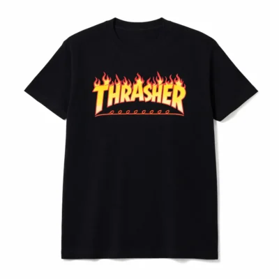 Official Thrasher Flame Logo Graphic T-Shirt, Retro Streetwear Pure Cotton Tee, Bold Neon Graffiti Print Unisex Top