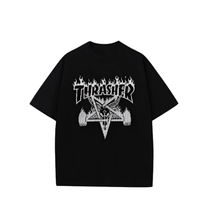 Thrasher Flame Pentagram Skateboard Graphic T-Shirt, Black Cotton Crewneck Tee, Streetwear Punk Style for Men & Women