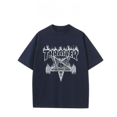 Thrasher Pentagram Flame Logo Tee, Skateboard Streetwear Print, Black Cotton Short Sleeve for Skateboarders & Punk Enthusiasts