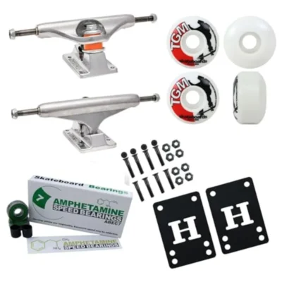 Skateboard Trucks and Wheels Package - Includes 139 Standard Stage 11 Trucks 52mm TGM Logo White Wheels ABEC 7 Beraings Risers